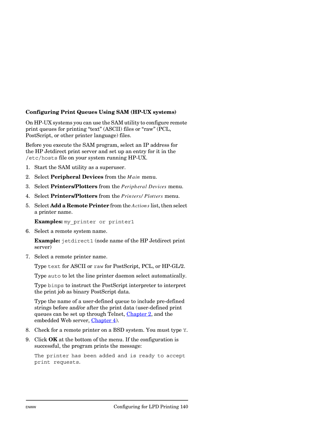 HP J7949E manual Configuring Print Queues Using SAM HP-UX systems 