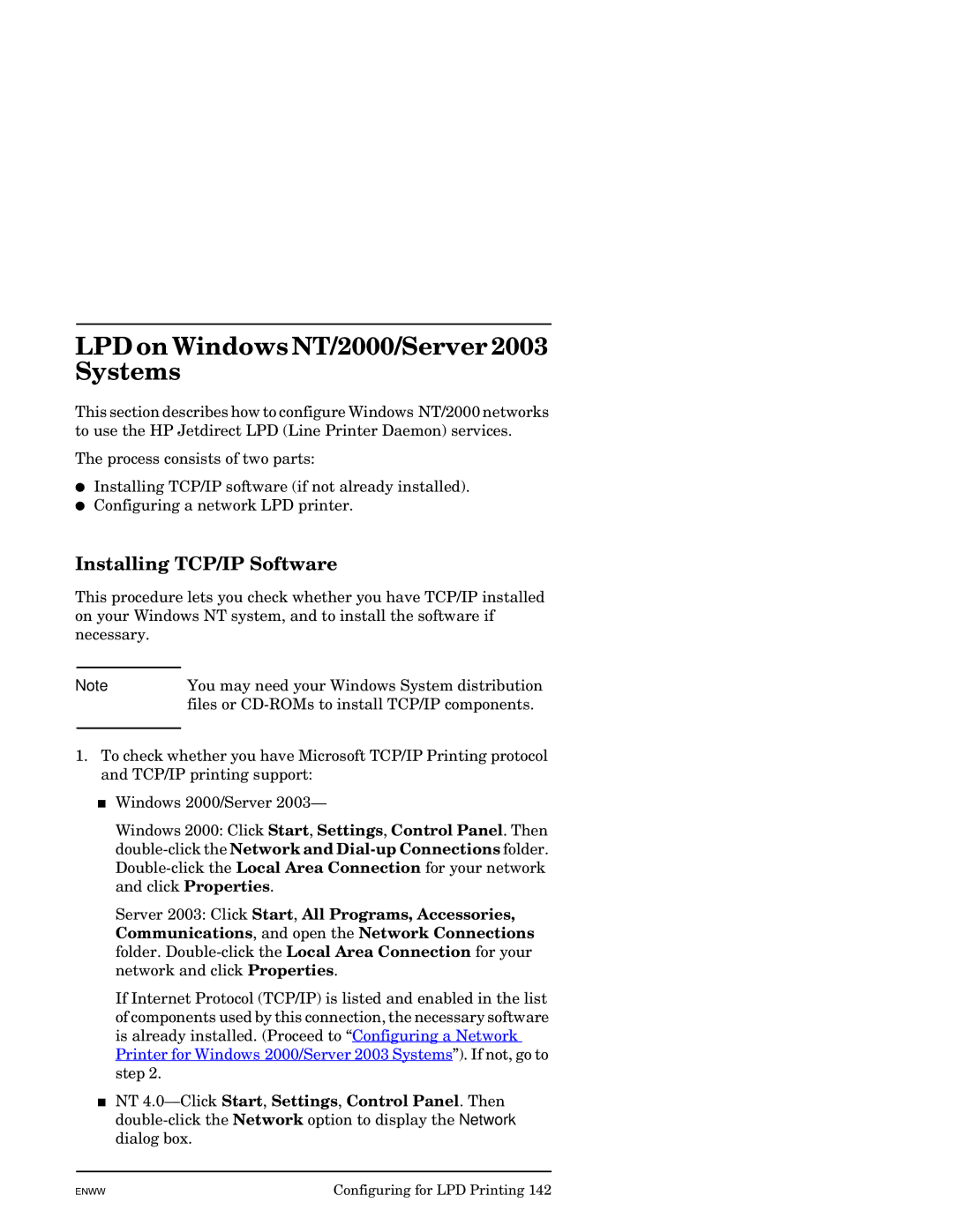 HP J7949E manual LPD on Windows NT/2000/Server 2003 Systems, Installing TCP/IP Software 