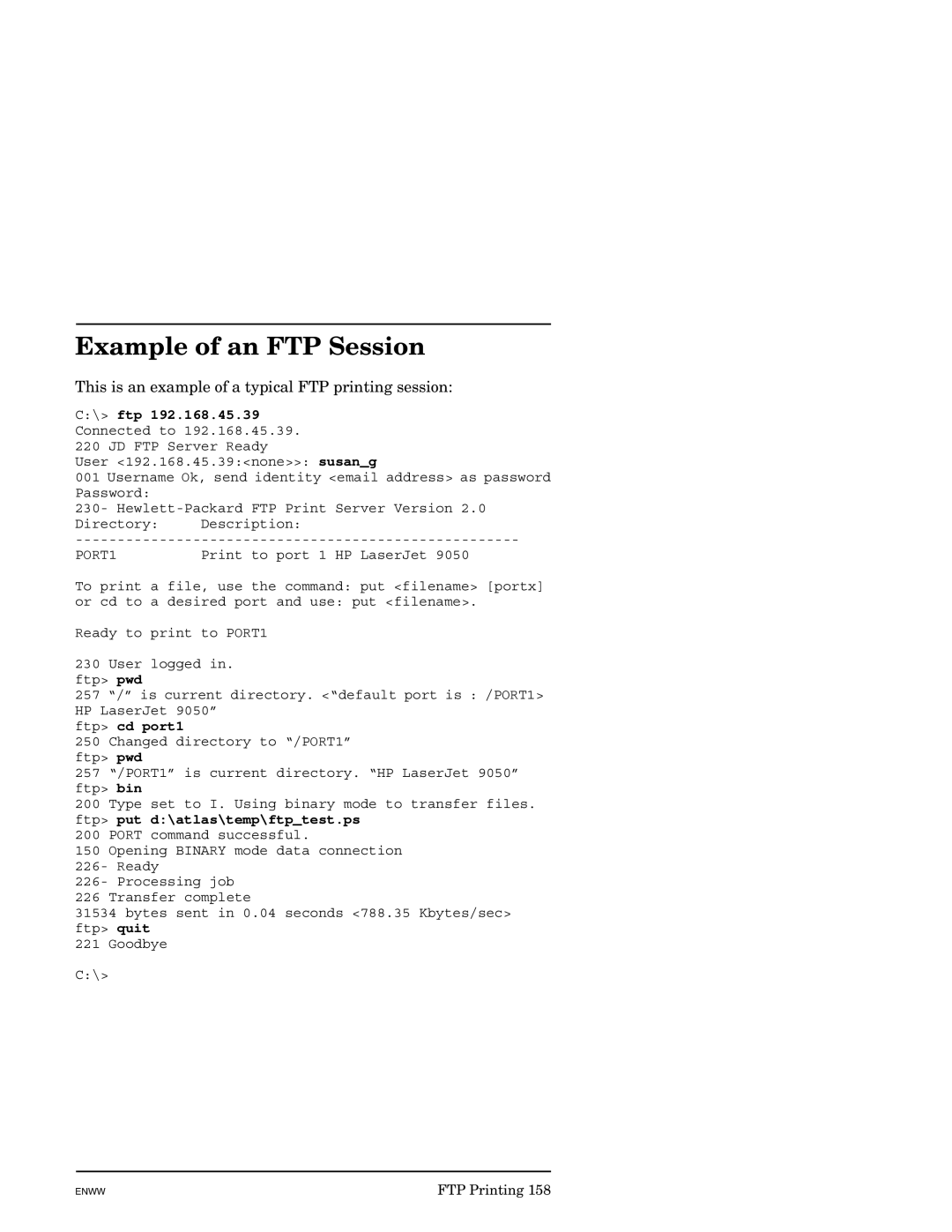 HP J7949E manual Example of an FTP Session, This is an example of a typical FTP printing session 