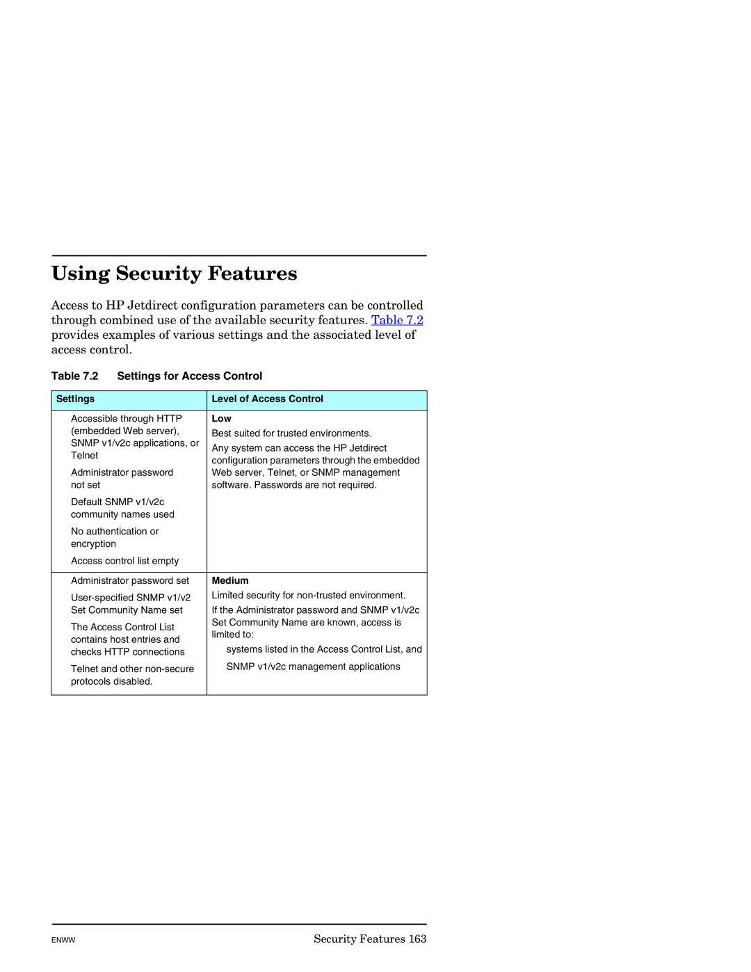 HP J7949E manual Using Security Features, Settings for Access Control, Settings Level of Access Control, Low, Medium 