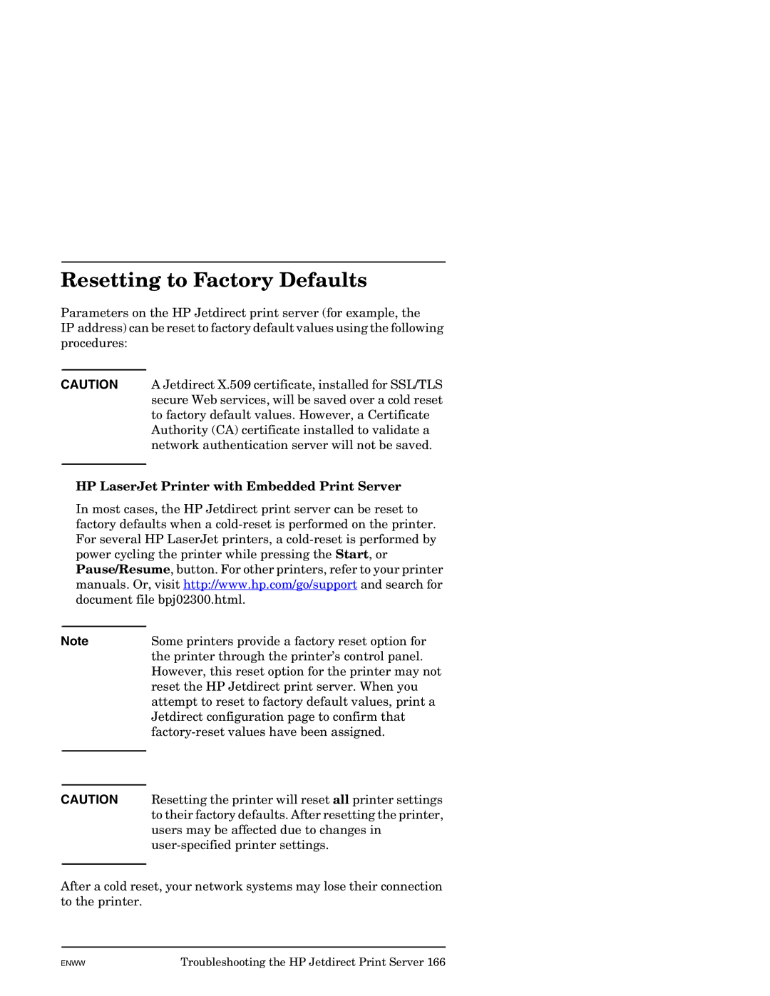 HP J7949E manual Resetting to Factory Defaults, HP LaserJet Printer with Embedded Print Server 