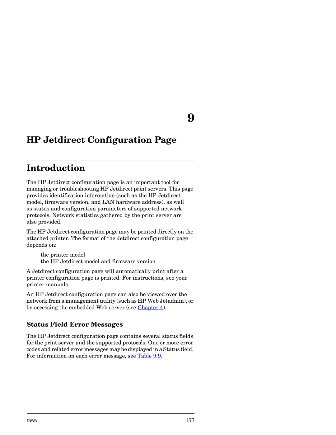 HP J7949E manual HP Jetdirect Configuration Introduction, Status Field Error Messages 