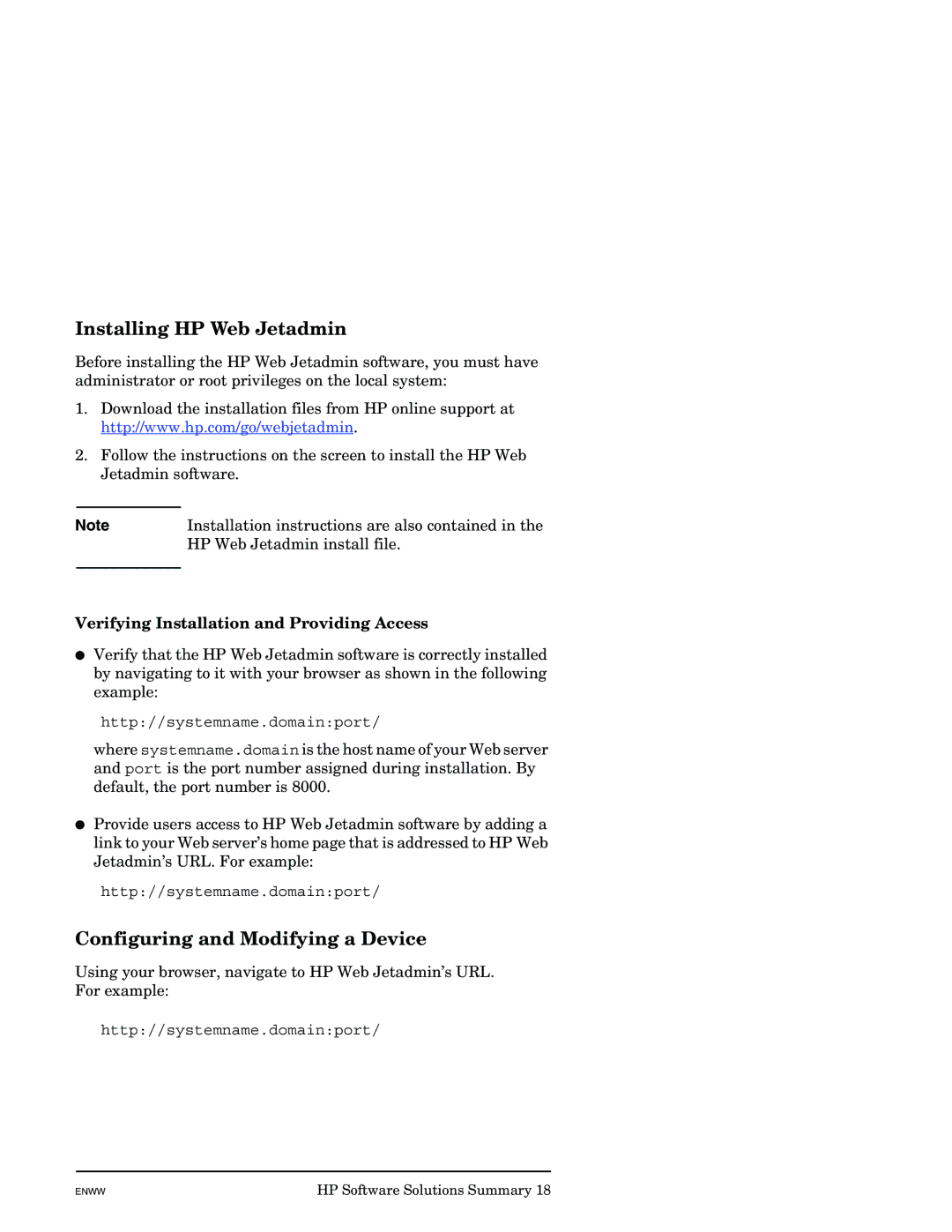 HP J7949E Installing HP Web Jetadmin, Configuring and Modifying a Device, Verifying Installation and Providing Access 