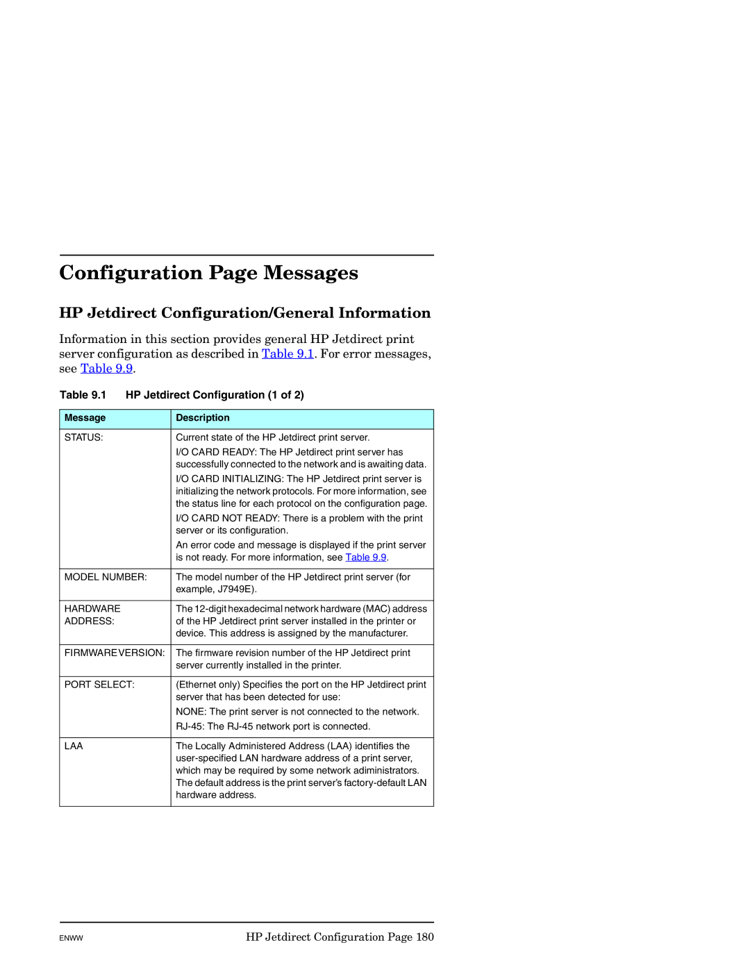 HP J7949E manual Configuration Page Messages, HP Jetdirect Configuration/General Information, HP Jetdirect Configuration 1 