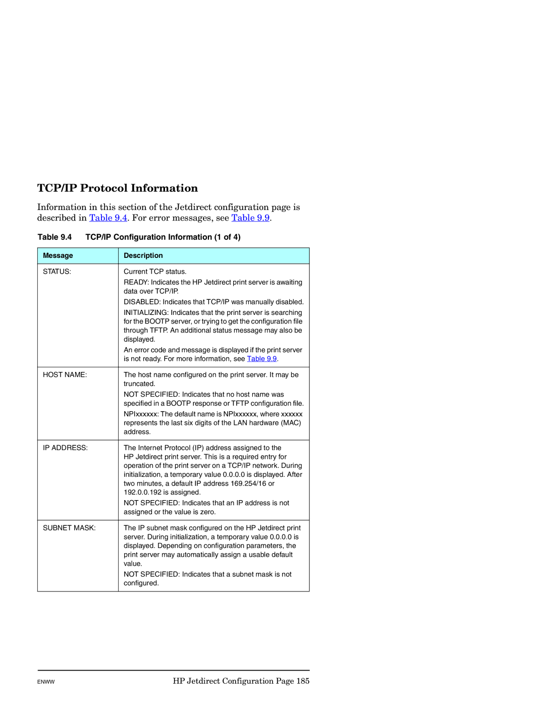 HP J7949E manual TCP/IP Protocol Information, TCP/IP Configuration Information 1, Host Name, IP Address, Subnet Mask 