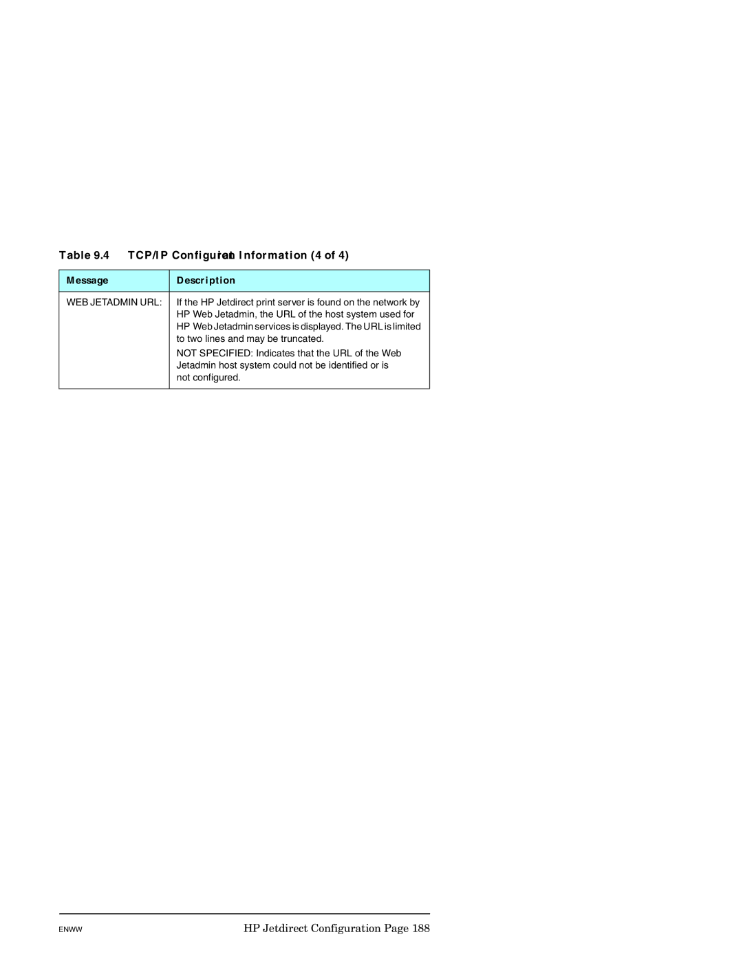 HP J7949E manual TCP/IP Configuration Information 4, WEB Jetadmin URL 