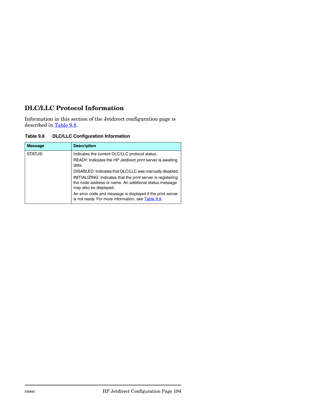 HP J7949E DLC/LLC Protocol Information, DLC/LLC Configuration Information, Indicates the current DLC/LLC protocol status 