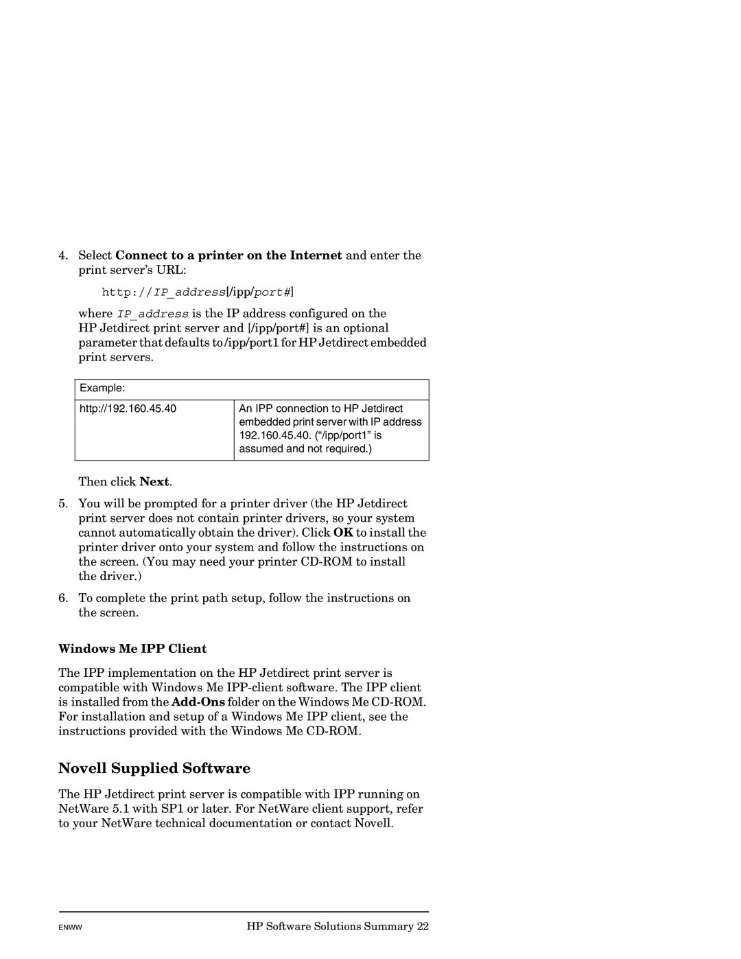 HP J7949E manual Novell Supplied Software, Windows Me IPP Client, Embedded print server with IP address 