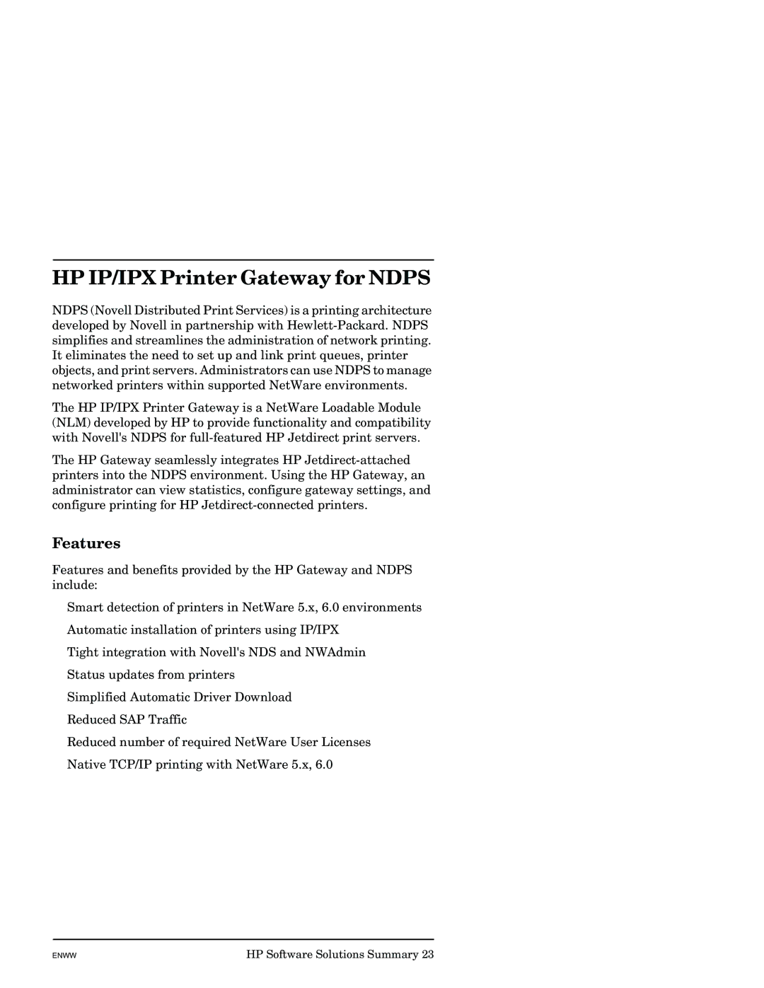 HP J7949E manual HP IP/IPX Printer Gateway for Ndps, Features 