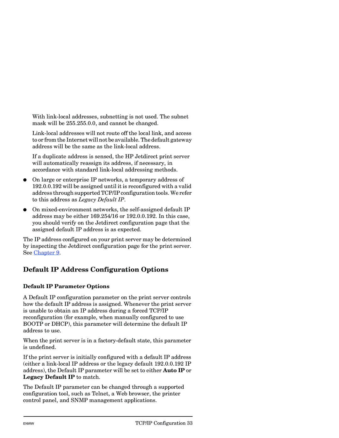 HP J7949E manual Default IP Address Configuration Options, Default IP Parameter Options 