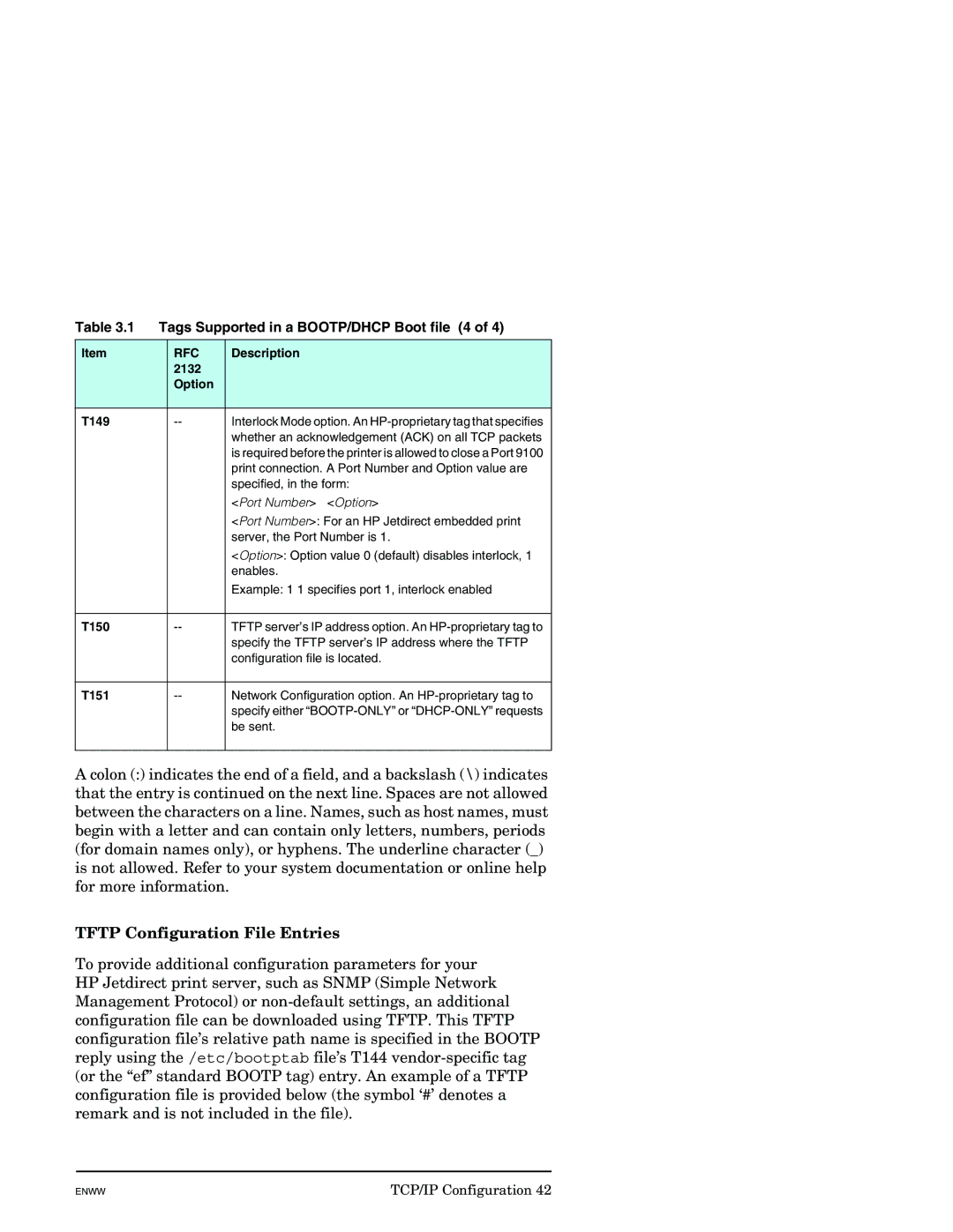 HP J7949E manual Tftp Configuration File Entries, Tags Supported in a BOOTP/DHCP Boot file 4, Option T149, T150, T151 