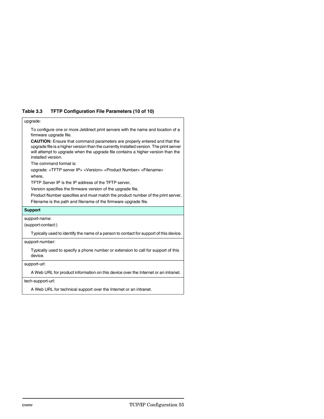 HP J7949E manual Tftp Configuration File Parameters 10, Support 