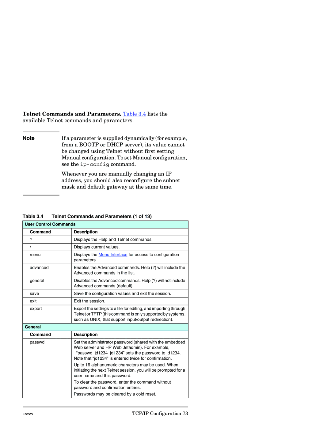 HP J7949E manual Telnet Commands and Parameters 1, User Control Commands 