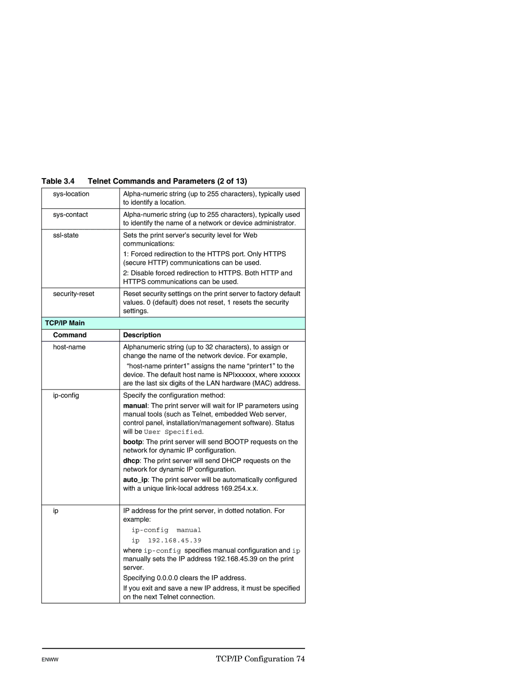 HP J7949E manual Telnet Commands and Parameters 2, TCP/IP Main Command Description 