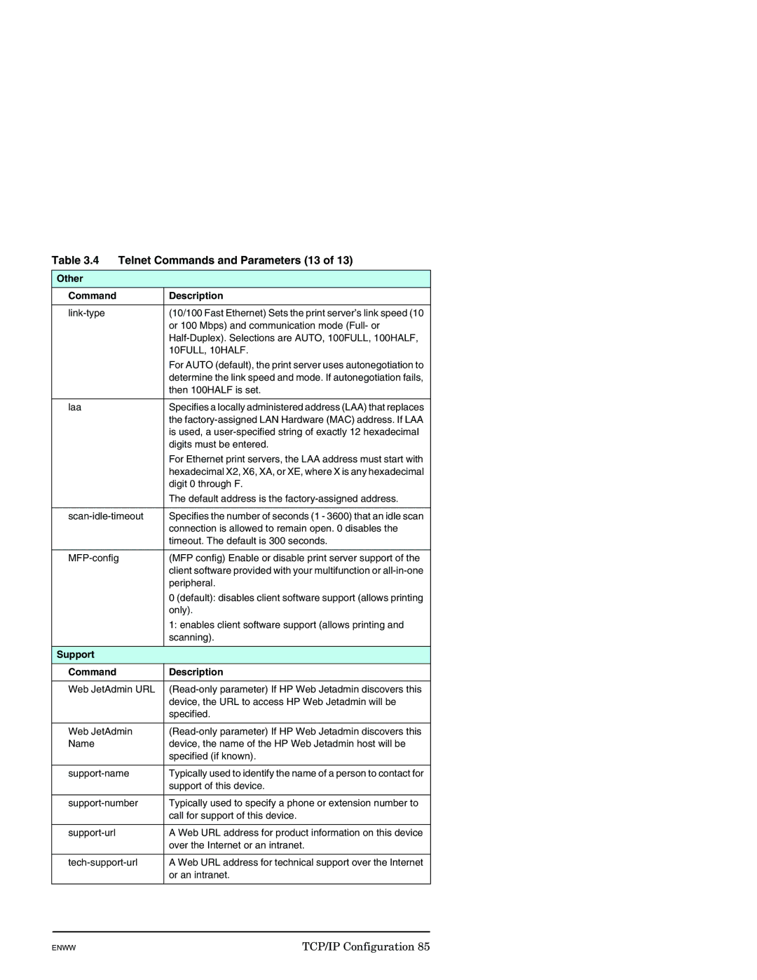 HP J7949E manual Telnet Commands and Parameters 13, Other Command Description, 10FULL, 10HALF, Support Command Description 