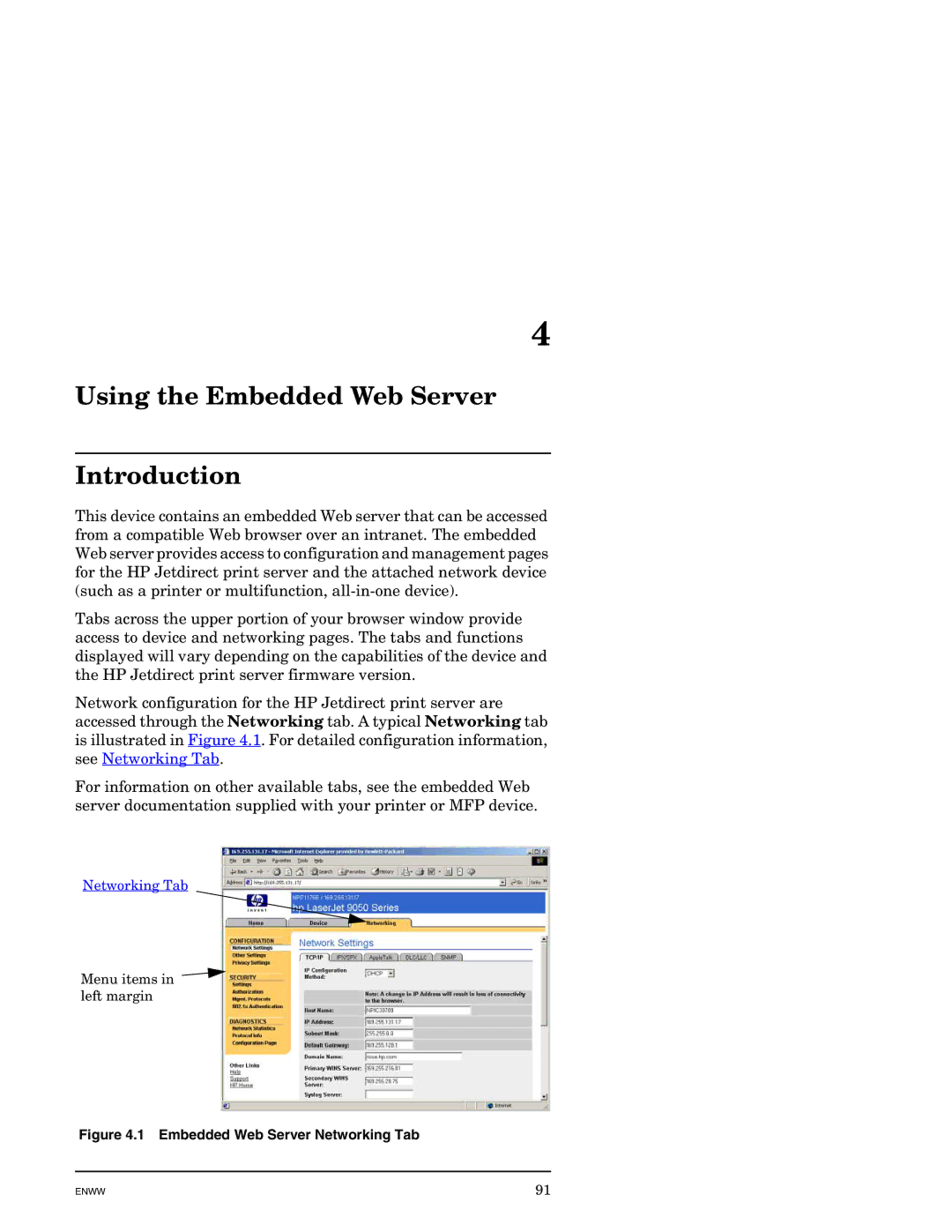 HP J7949E manual Using the Embedded Web Server Introduction, Embedded Web Server Networking Tab 