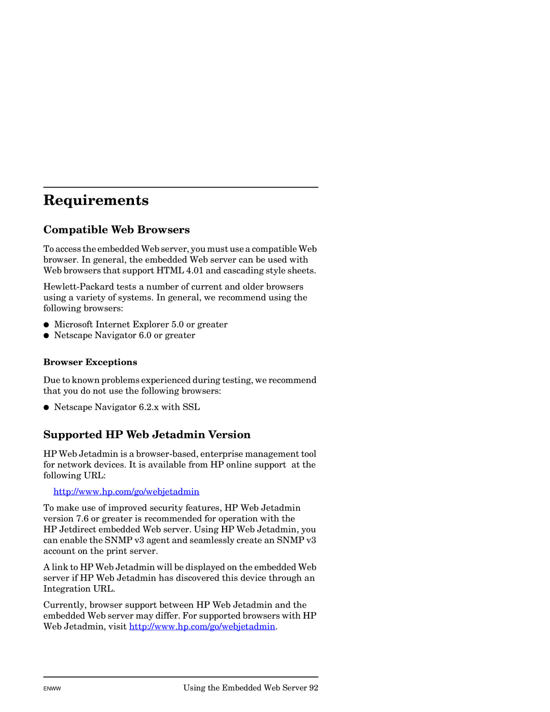 HP J7949E manual Requirements, Compatible Web Browsers, Supported HP Web Jetadmin Version, Browser Exceptions 