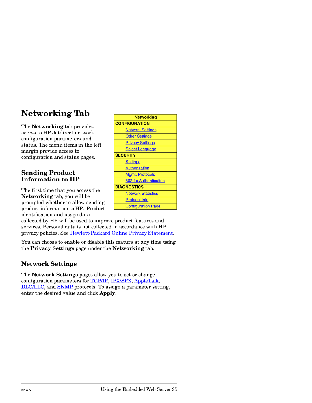 HP J7949E manual Networking Tab, Network Settings 