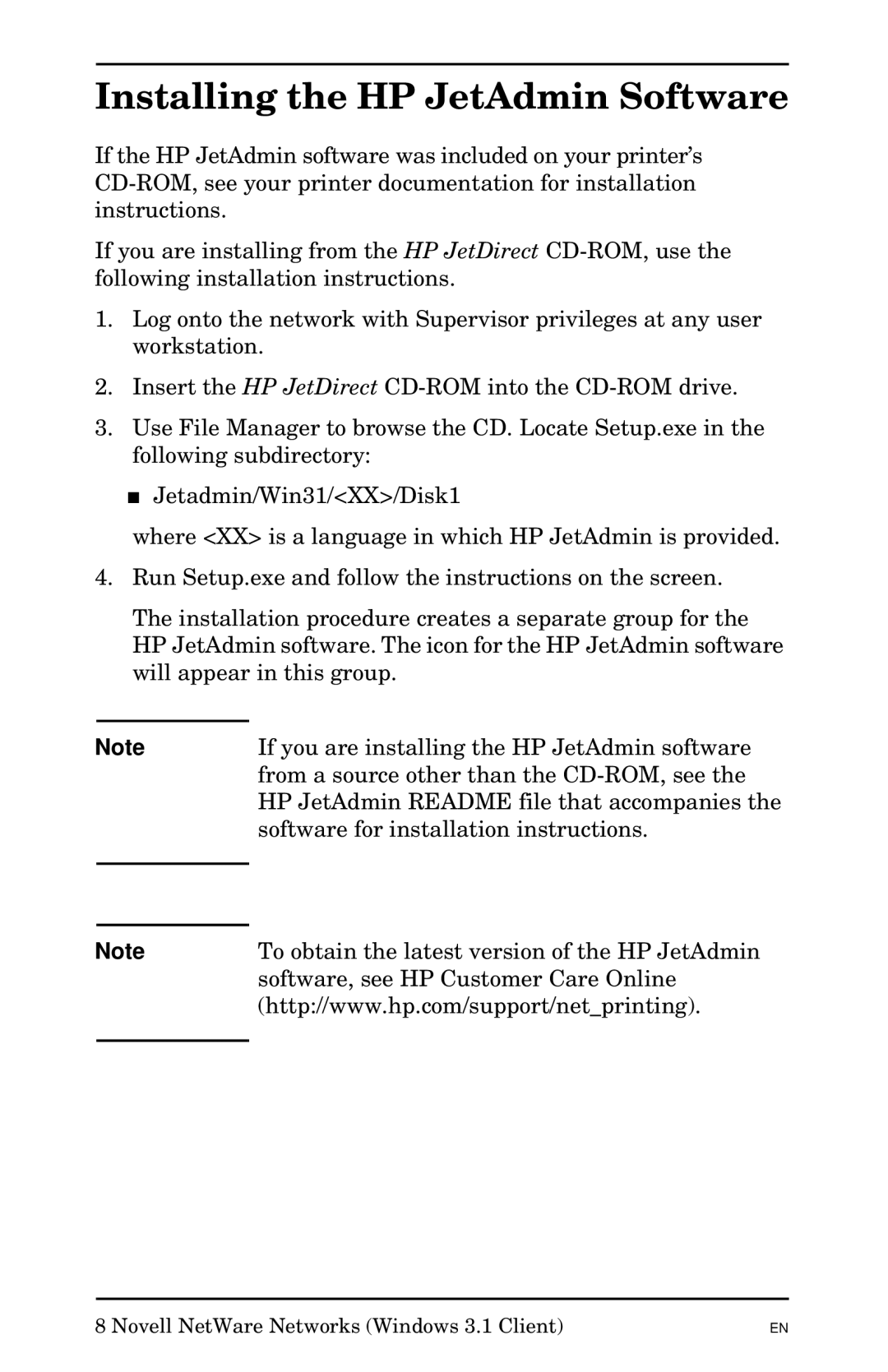 HP Jetadmin Software for OS/2 manual Installing the HP JetAdmin Software 