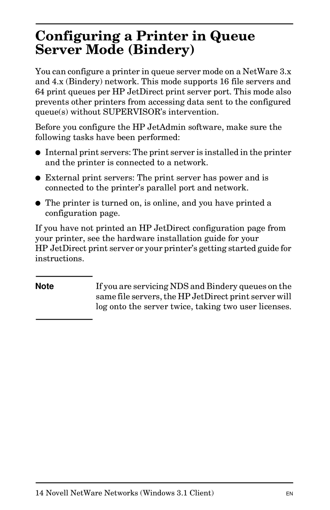 HP Jetadmin Software for OS/2 manual Configuring a Printer in Queue Server Mode Bindery 