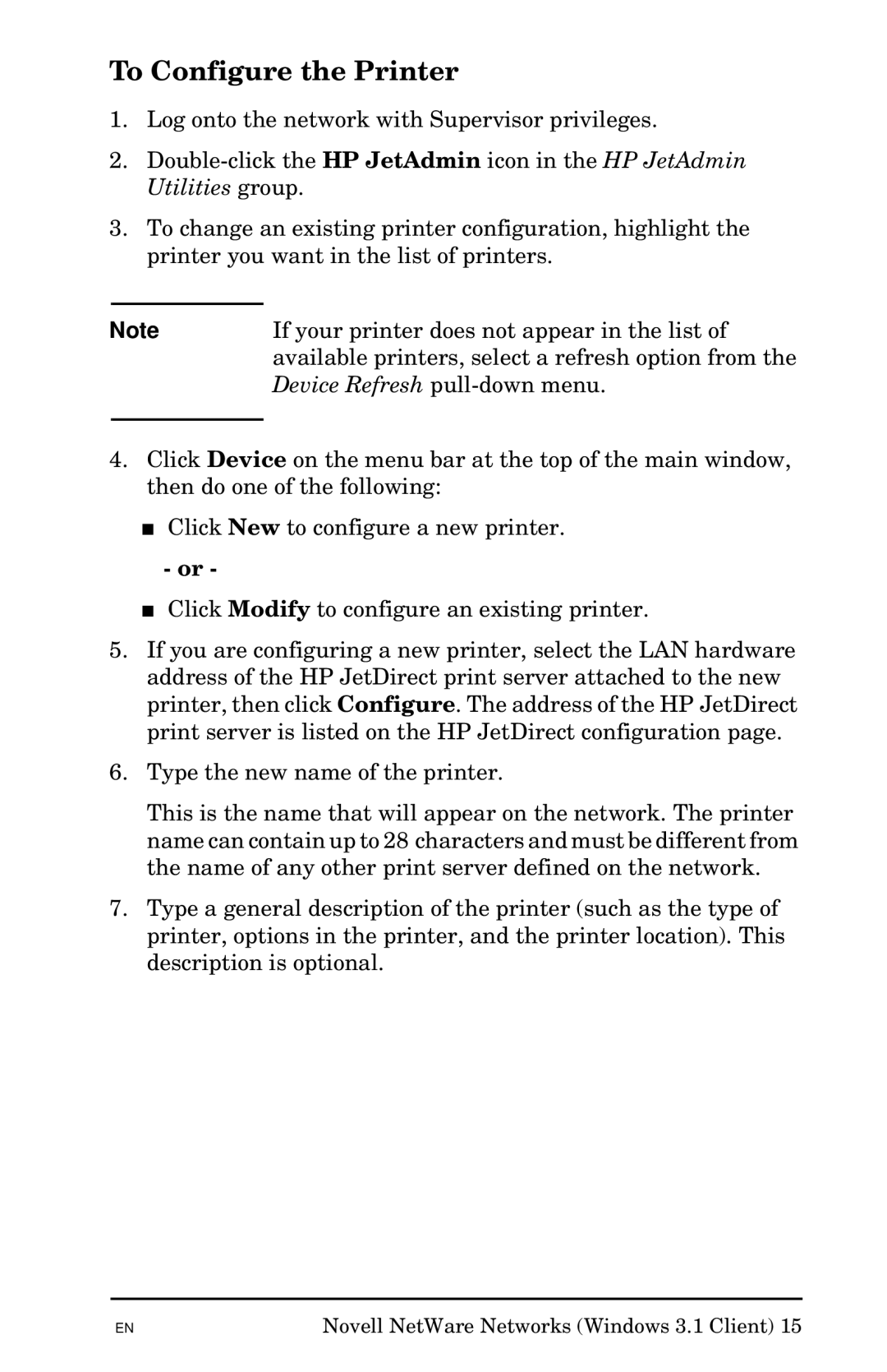 HP Jetadmin Software for OS/2 manual To Configure the Printer 