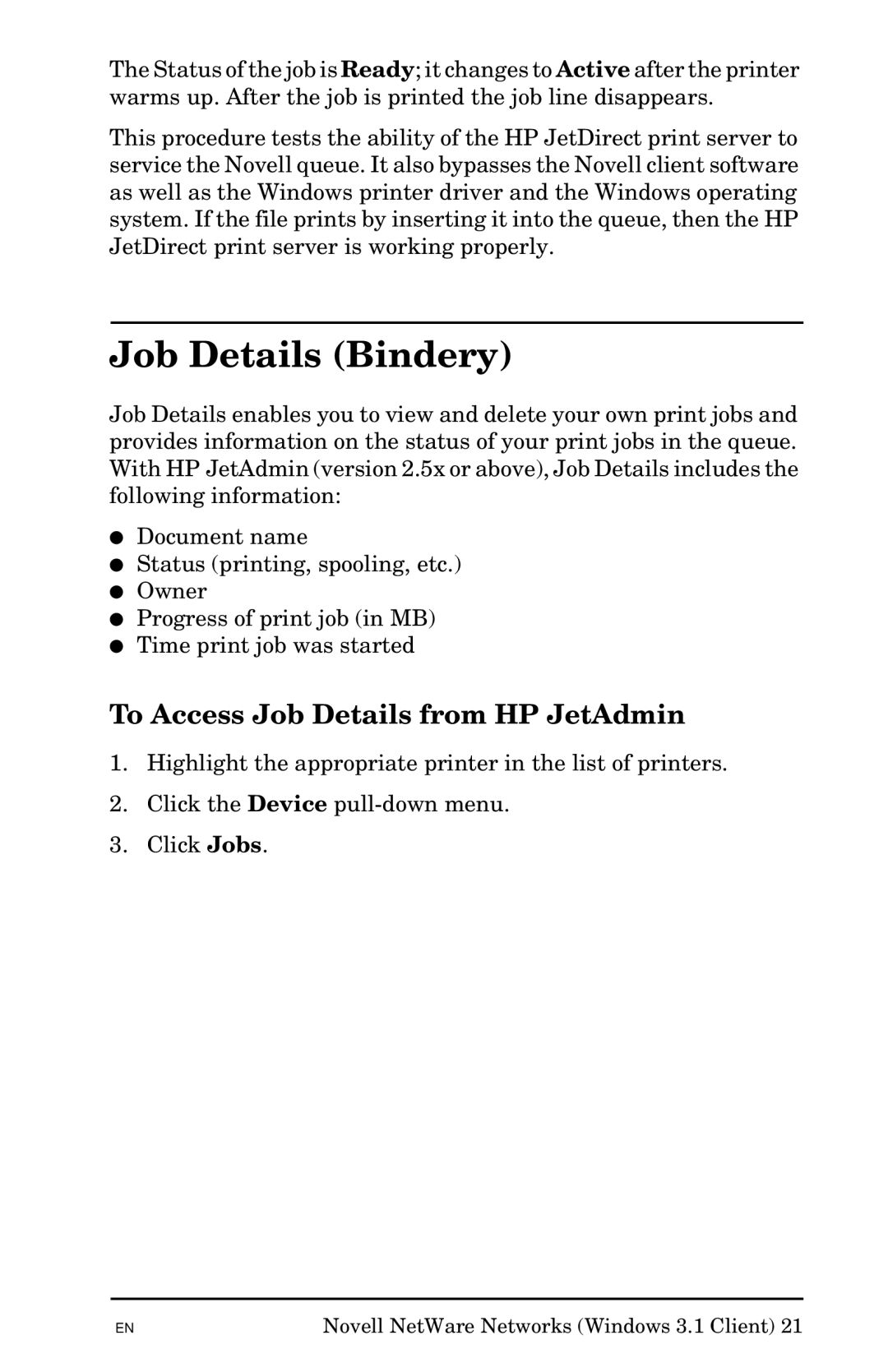 HP Jetadmin Software for OS/2 manual Job Details Bindery, To Access Job Details from HP JetAdmin 