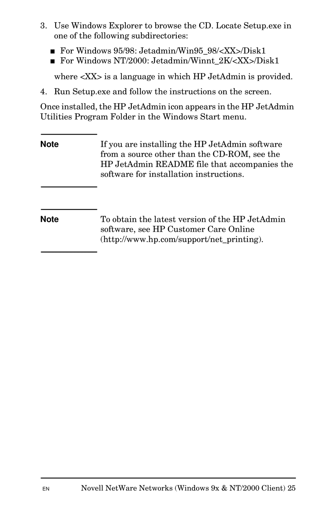 HP Jetadmin Software for OS/2 manual Novell NetWare Networks Windows 9x & NT/2000 Client 