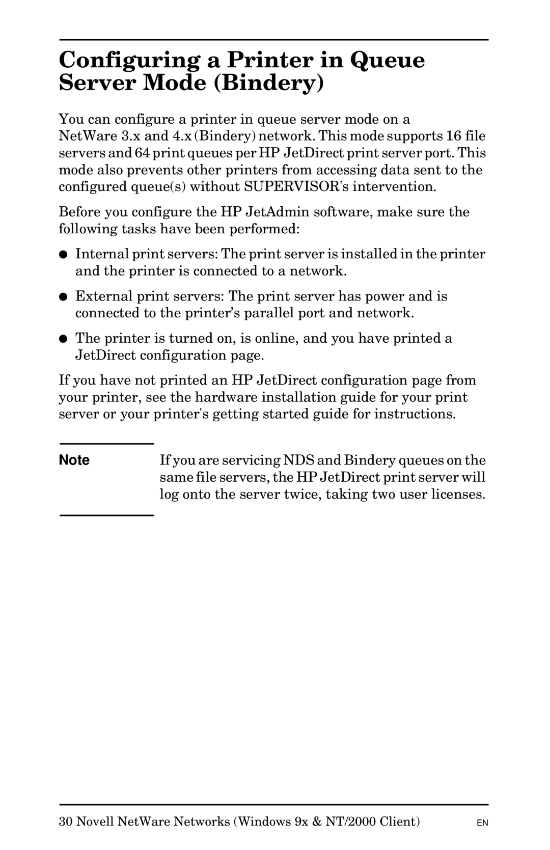 HP Jetadmin Software for OS/2 manual Configuring a Printer in Queue Server Mode Bindery 