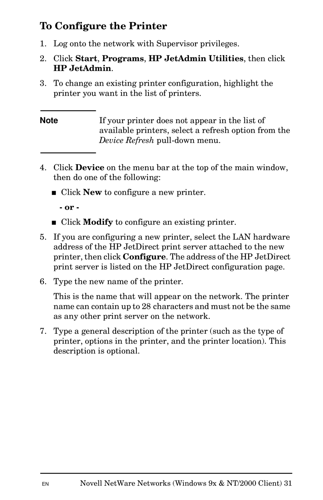 HP Jetadmin Software for OS/2 manual To Configure the Printer 