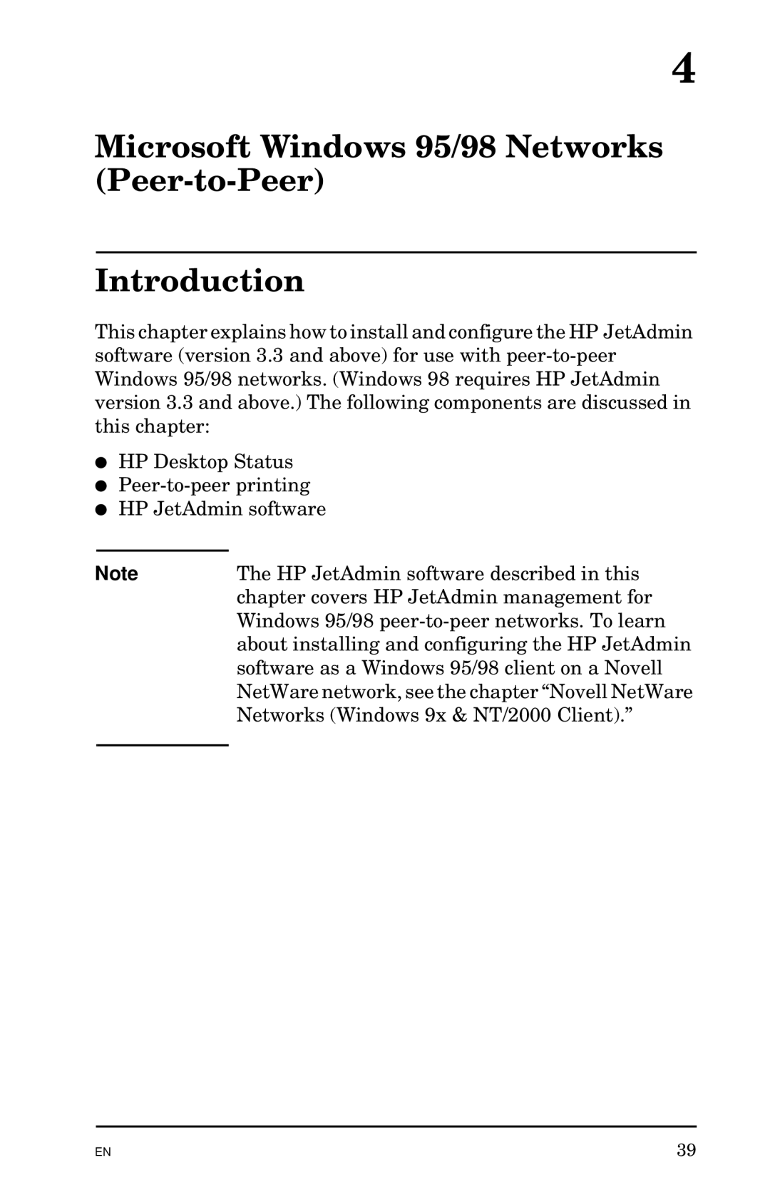 HP Jetadmin Software for OS/2 manual Microsoft Windows 95/98 Networks Peer-to-Peer Introduction 