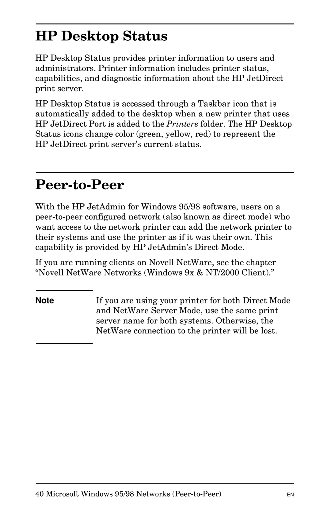 HP Jetadmin Software for OS/2 manual HP Desktop Status, Peer-to-Peer 