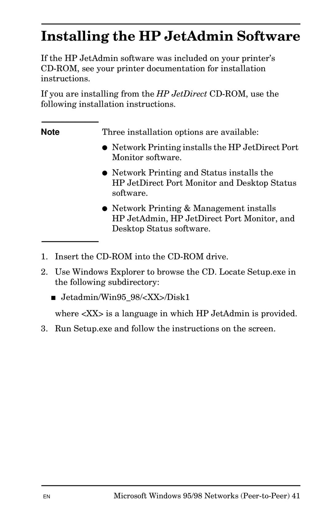 HP Jetadmin Software for OS/2 manual Installing the HP JetAdmin Software, Three installation options are available 