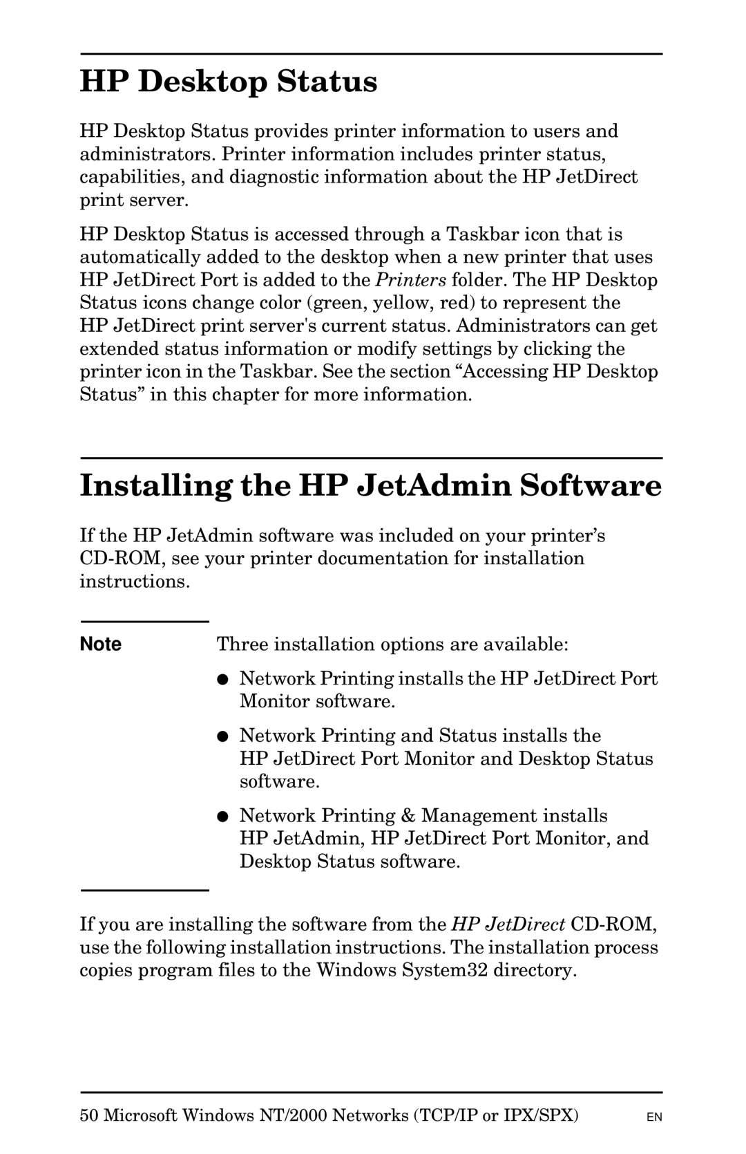 HP Jetadmin Software for OS/2 manual Microsoft Windows NT/2000 Networks TCP/IP or IPX/SPX 
