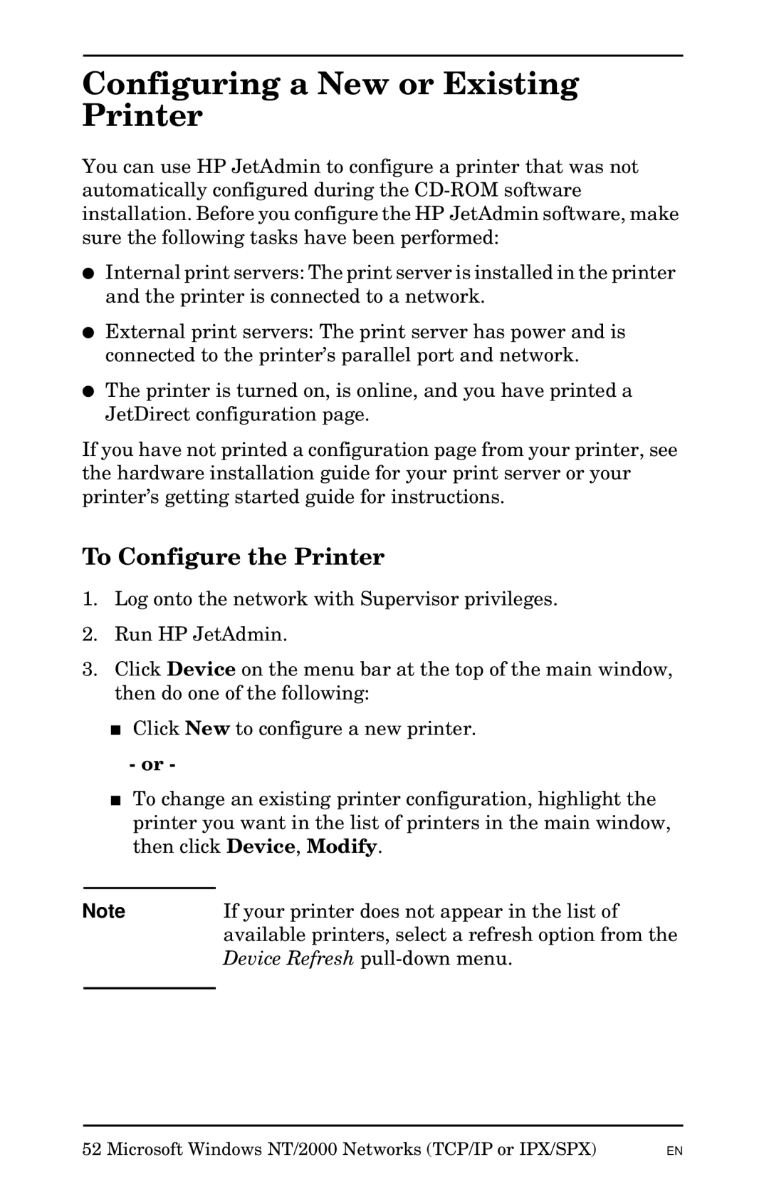 HP Jetadmin Software for OS/2 manual Configuring a New or Existing Printer, To Configure the Printer 