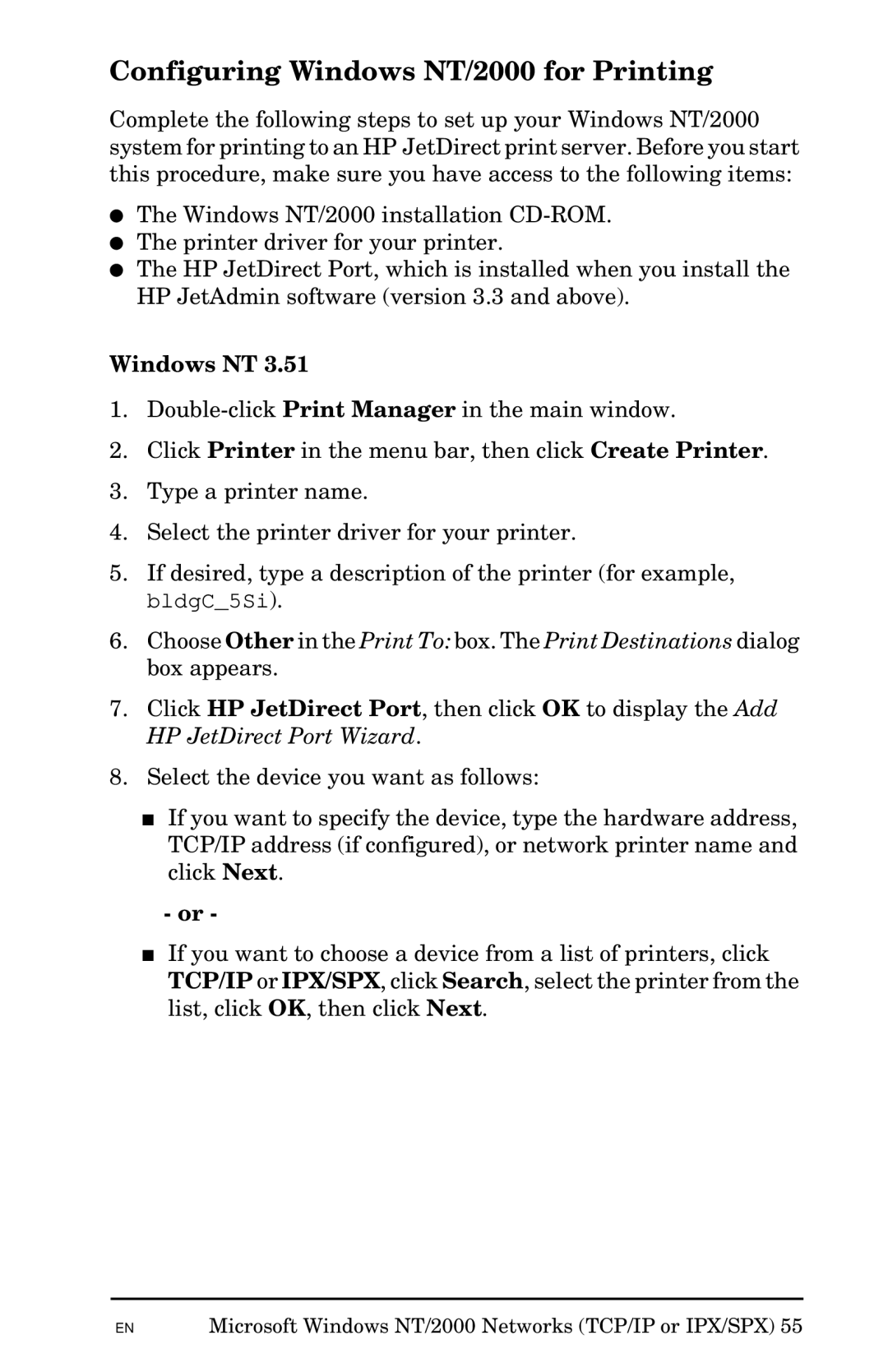 HP Jetadmin Software for OS/2 manual Configuring Windows NT/2000 for Printing 