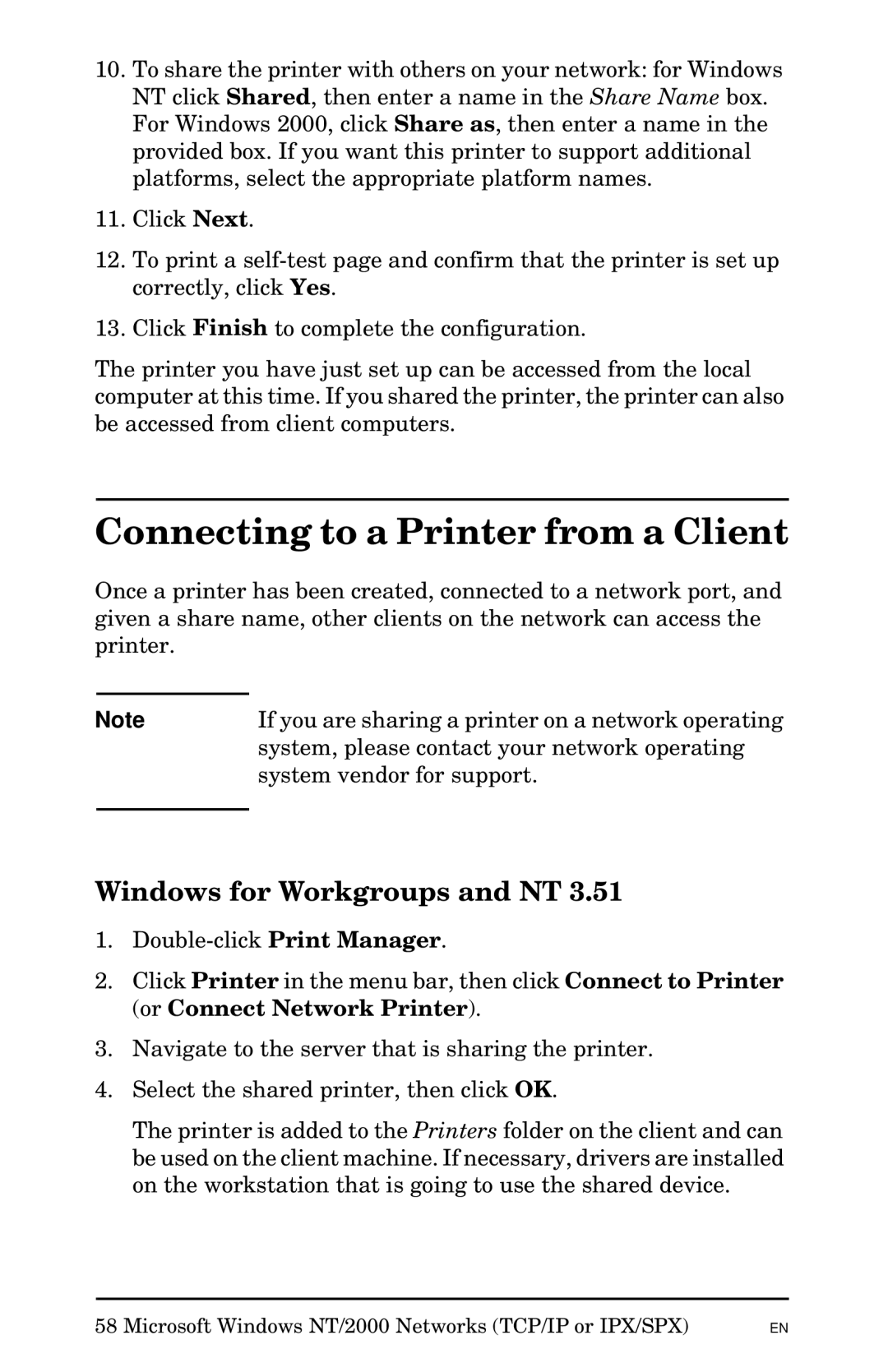 HP Jetadmin Software for OS/2 manual Connecting to a Printer from a Client, Windows for Workgroups and NT 