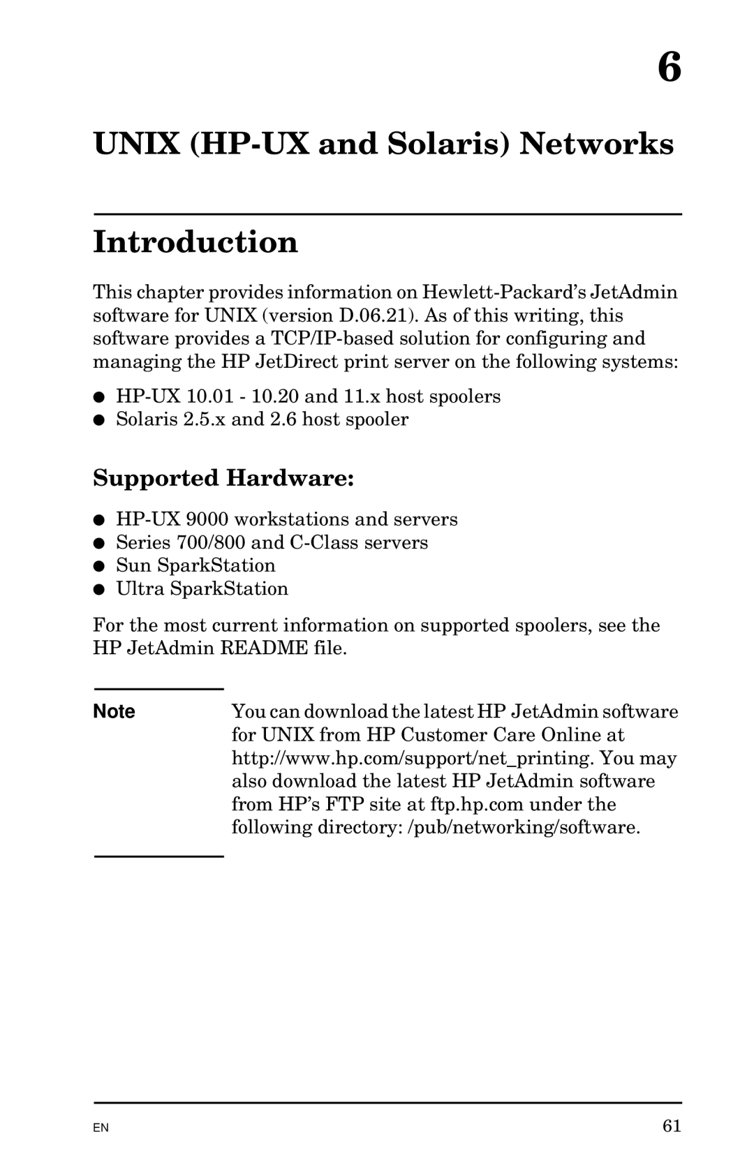 HP Jetadmin Software for OS/2 manual Unix HP-UX and Solaris Networks Introduction, Supported Hardware 