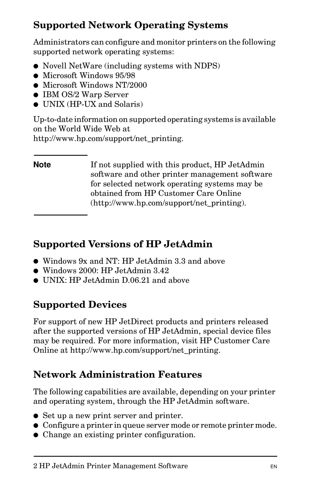 HP Jetadmin Software for OS/2 manual Supported Network Operating Systems, Supported Versions of HP JetAdmin 