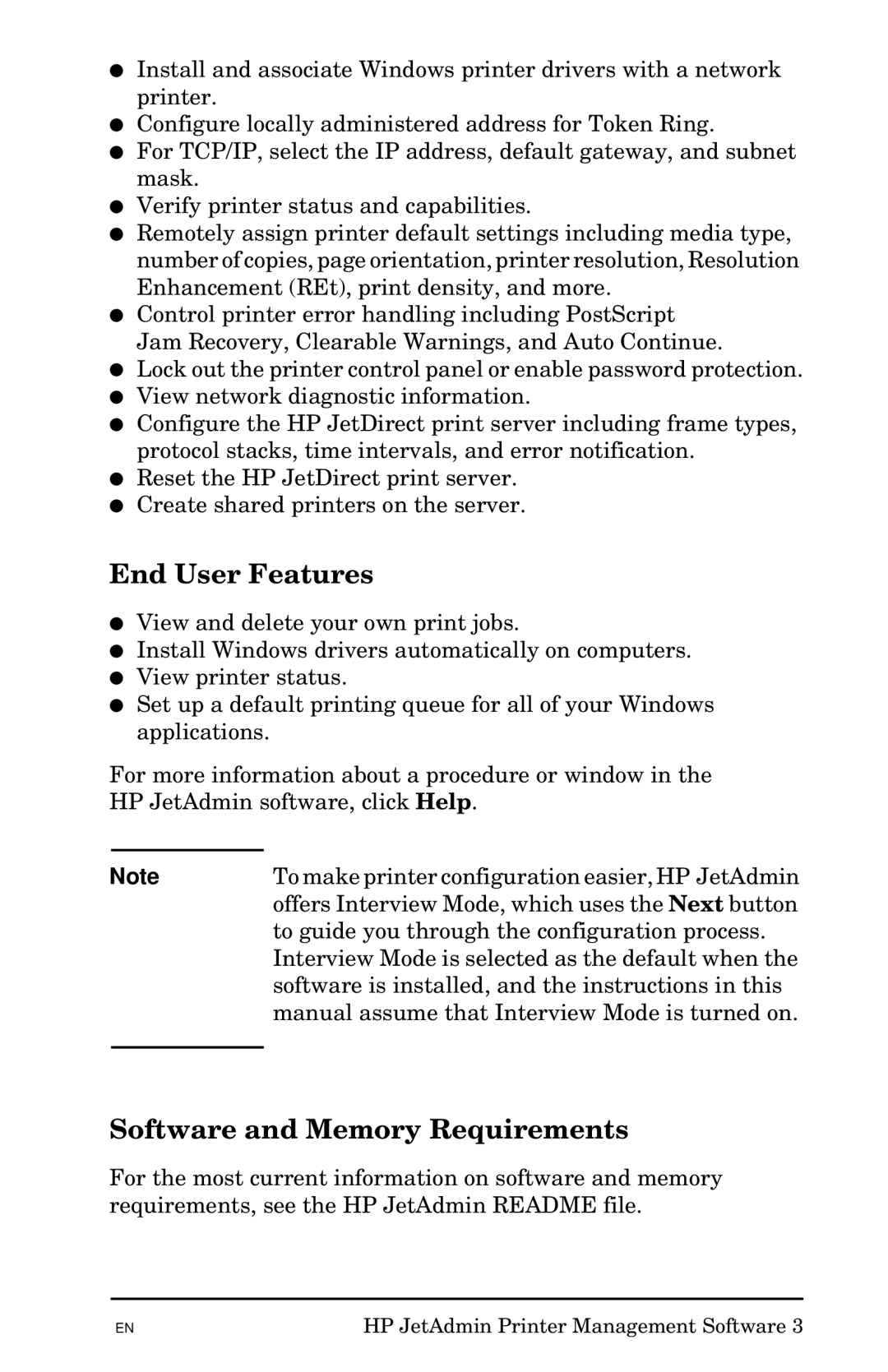 HP Jetadmin Software for OS/2 manual End User Features, Software and Memory Requirements 