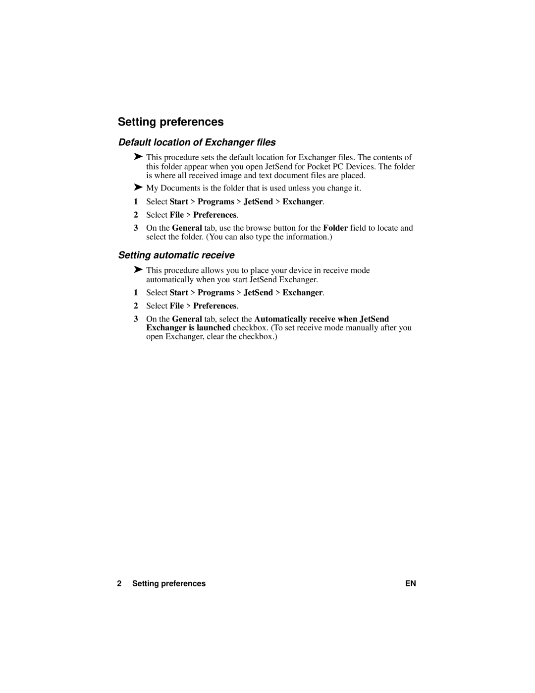 HP Jetsend for manual Setting preferences, Default location of Exchanger files, Setting automatic receive 