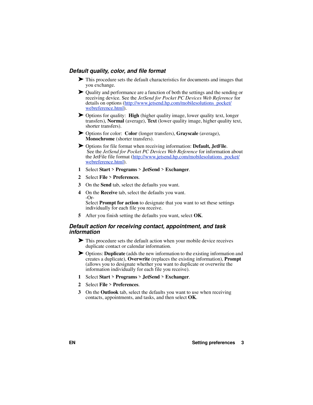 HP Jetsend for manual Default quality, color, and file format 