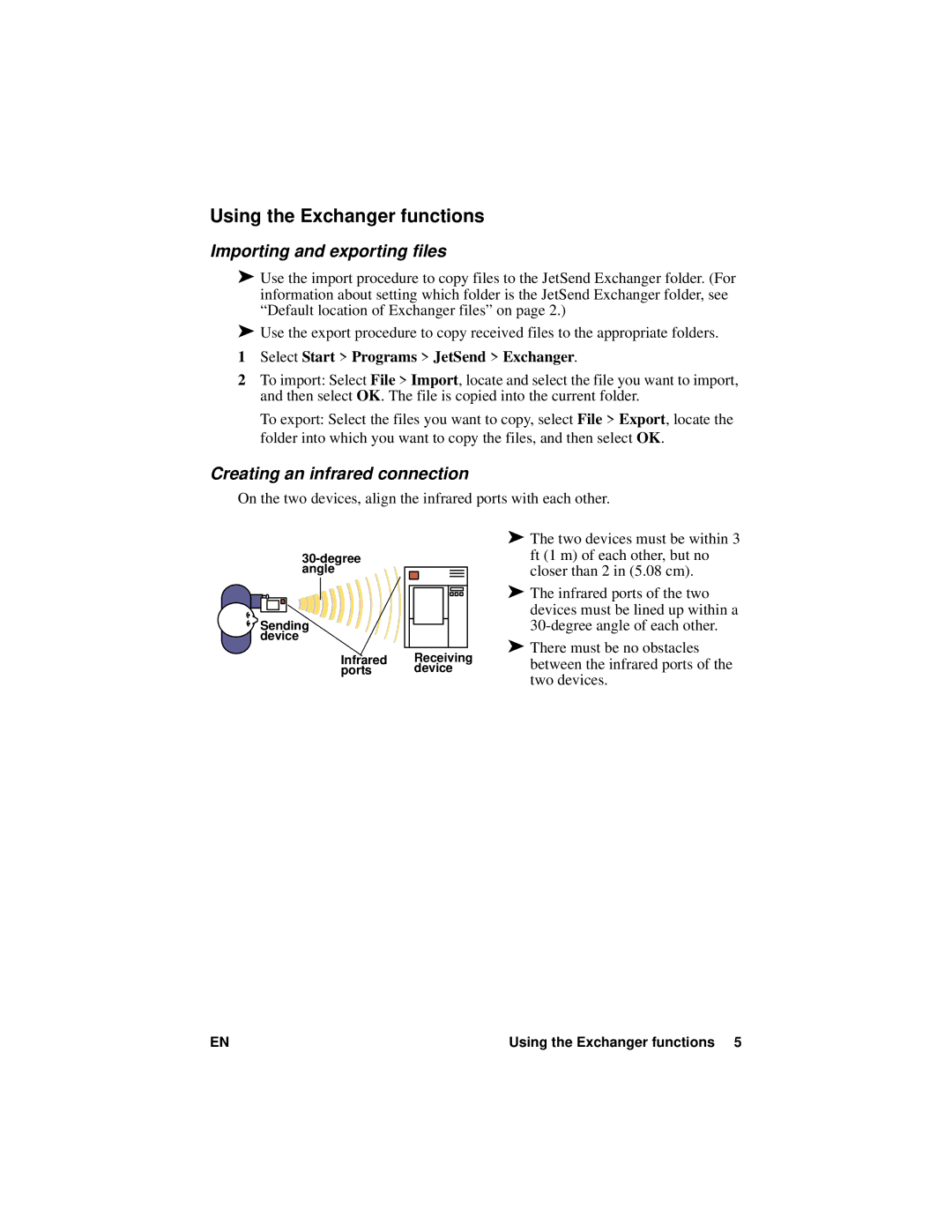 HP Jetsend for manual Importing and exporting files, Creating an infrared connection 