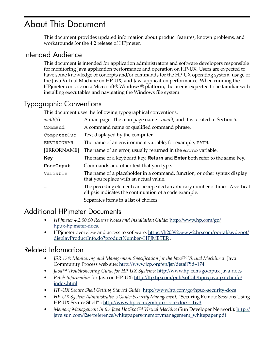 HP jmeter Software for -UX manual About This Document, Intended Audience, Typographic Conventions 