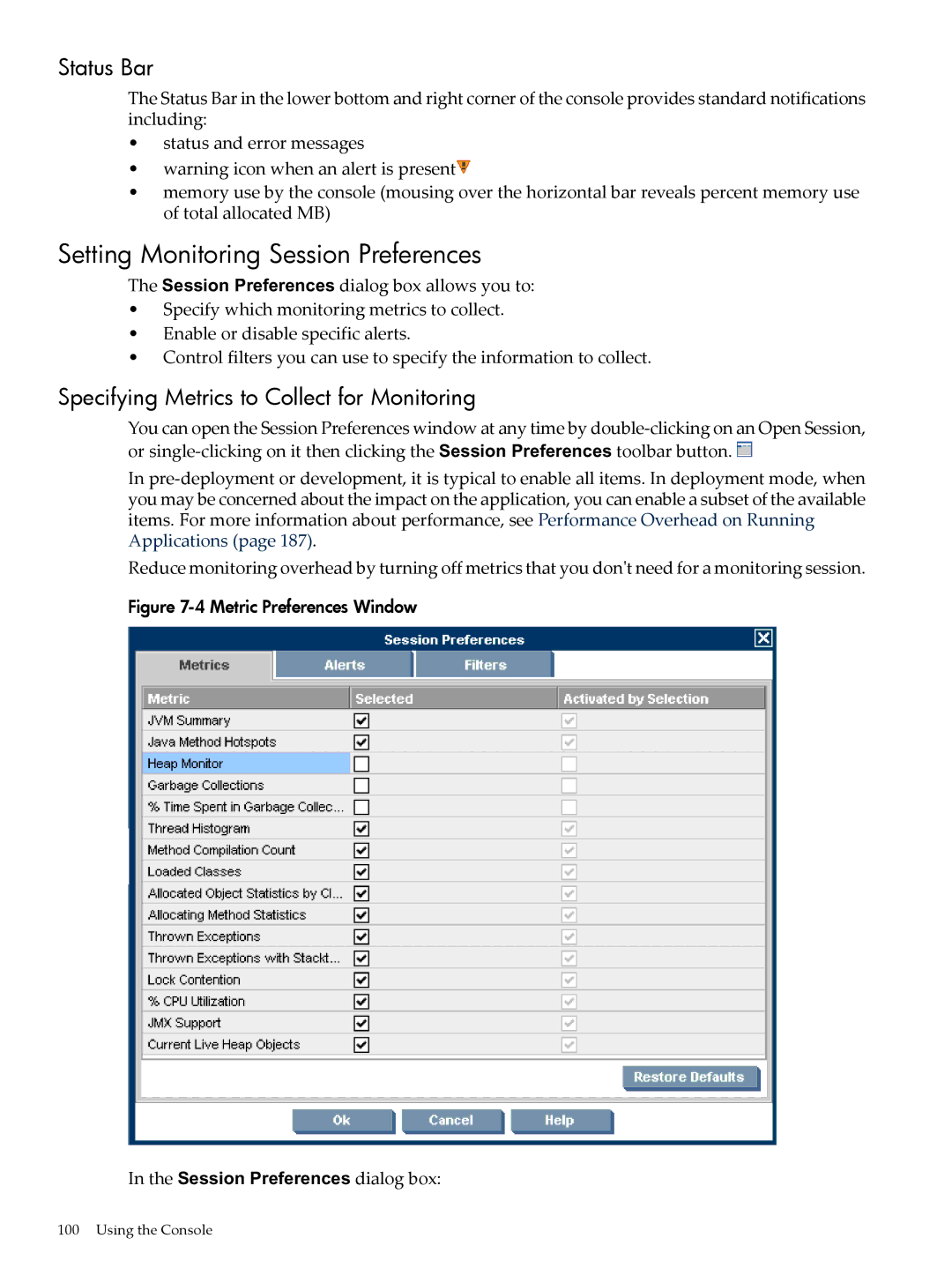 HP jmeter Software for -UX manual Setting Monitoring Session Preferences, Status Bar 