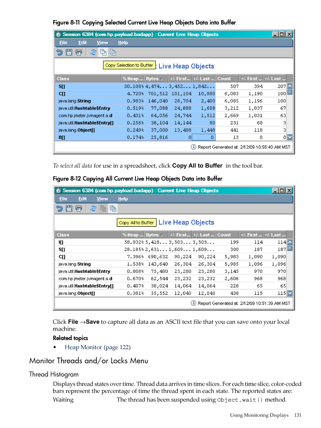 HP jmeter Software for -UX manual Monitor Threads and/or Locks Menu, Thread Histogram 