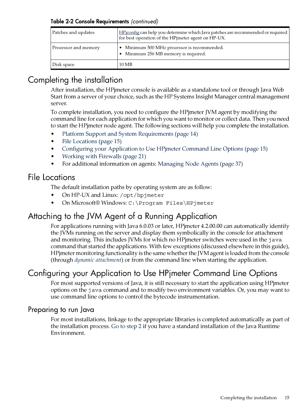 HP jmeter Software for -UX manual Completing the installation, File Locations, Preparing to run Java 