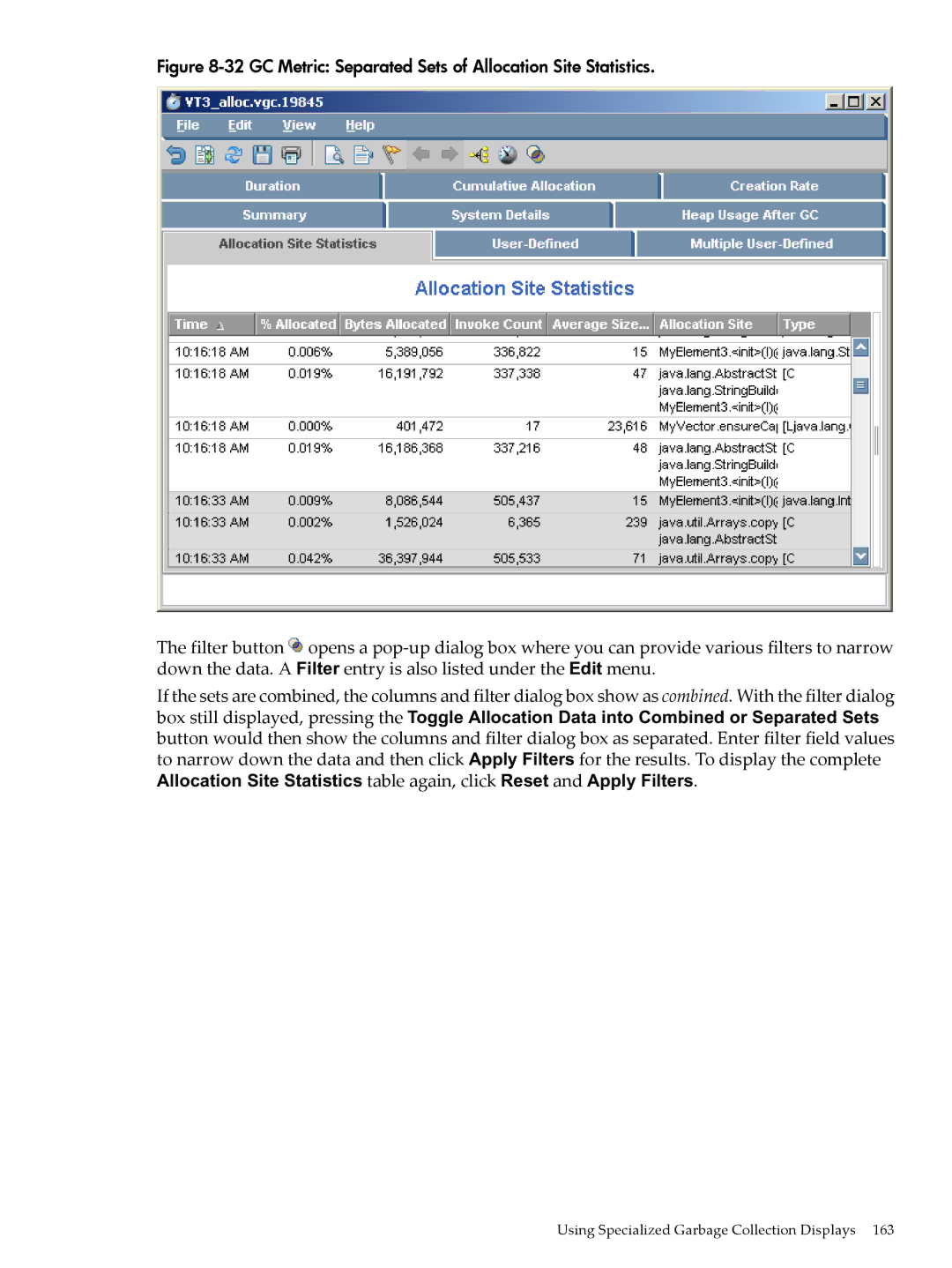 HP jmeter Software for -UX manual GC Metric Separated Sets of Allocation Site Statistics 