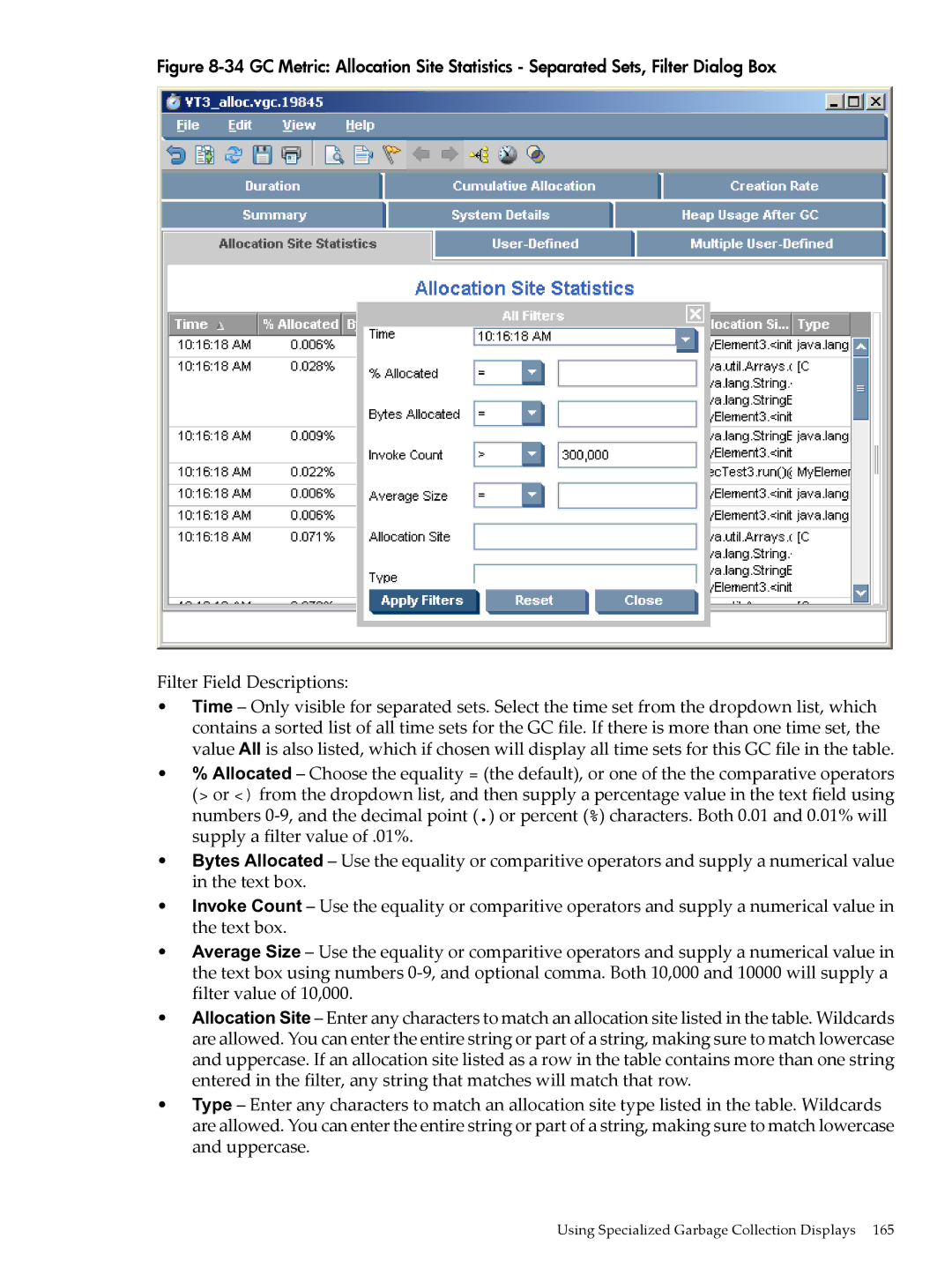 HP jmeter Software for -UX manual Filter Field Descriptions 