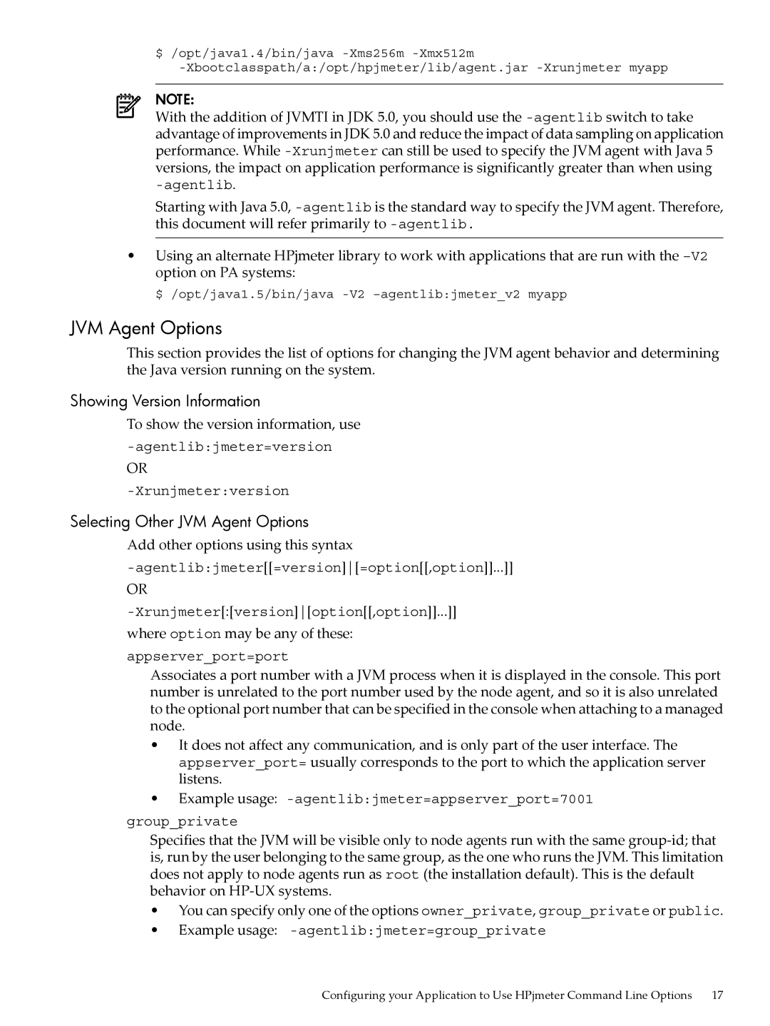 HP jmeter Software for -UX manual Showing Version Information, Selecting Other JVM Agent Options 