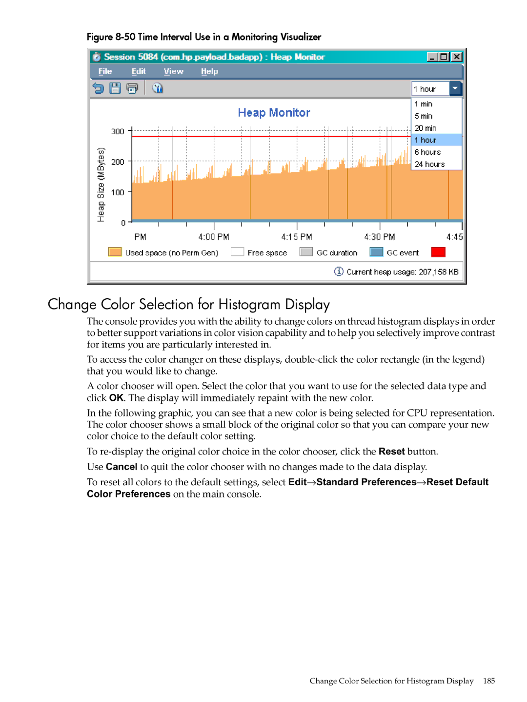 HP jmeter Software for -UX Change Color Selection for Histogram Display, Time Interval Use in a Monitoring Visualizer 